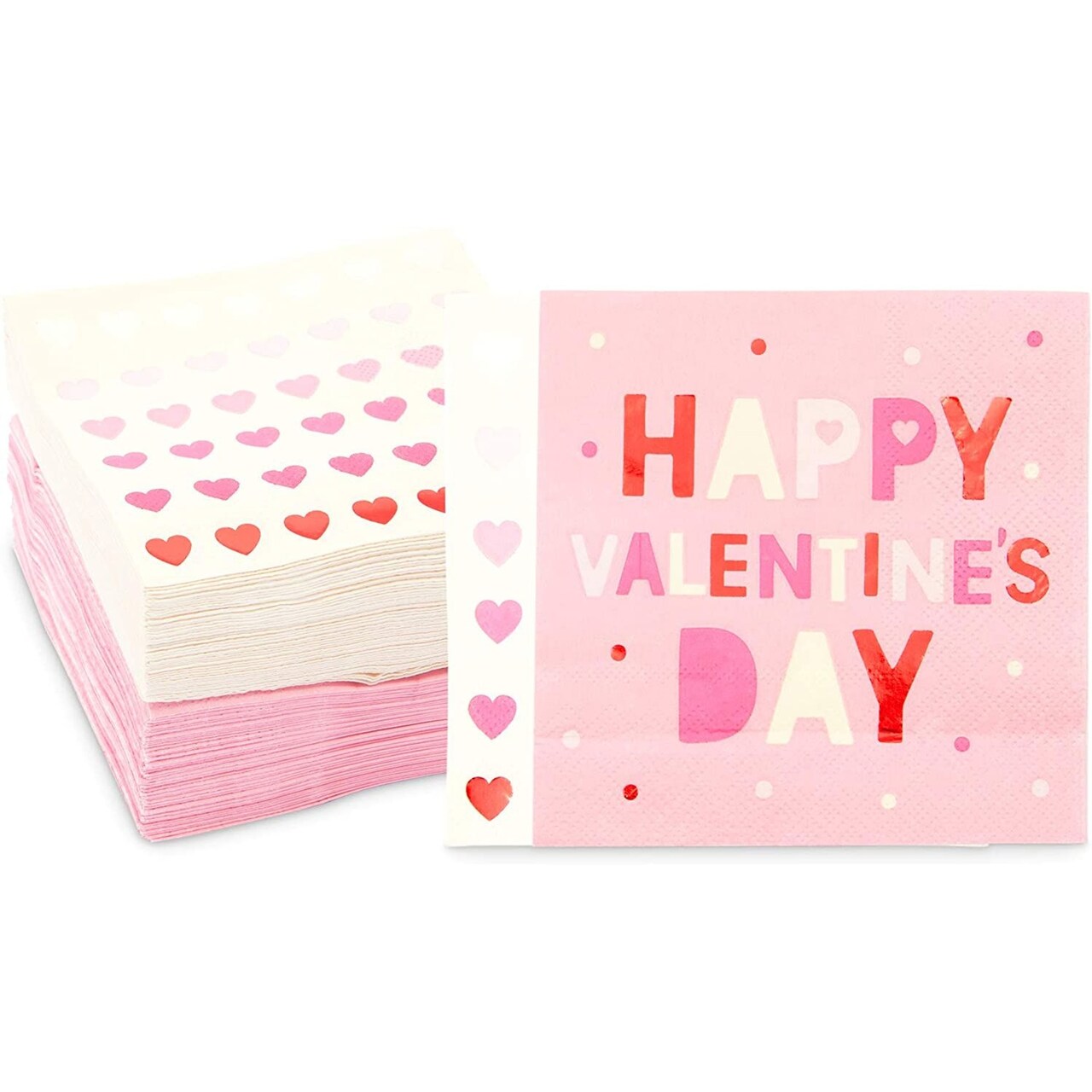 Sparkle and Bash 100 Pack Heart & Pink Valentine's Day Paper Napkins, 5x5 Inch Folded, Decorative Cocktail Party Supplies for Home, School, Office Events